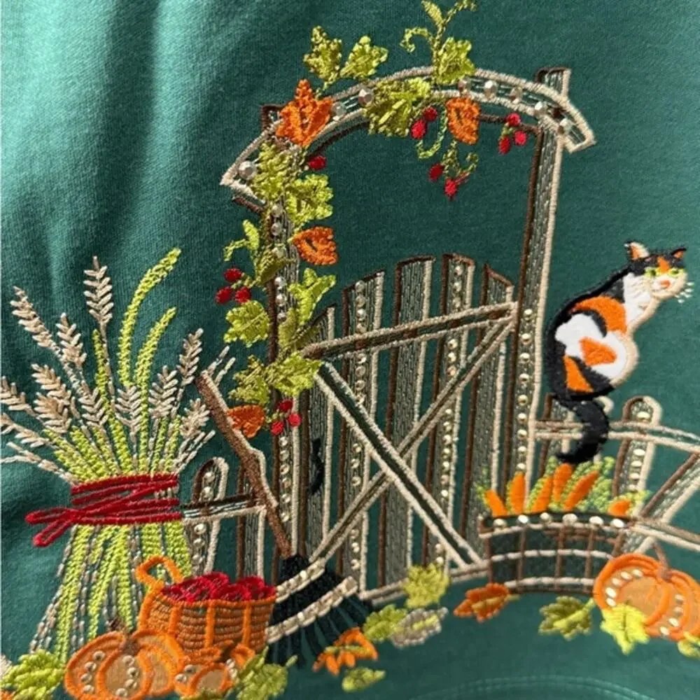 Women's Grandma New NWT Alfred Dunner Fall Autumn Cats Green Embroidered Top PM